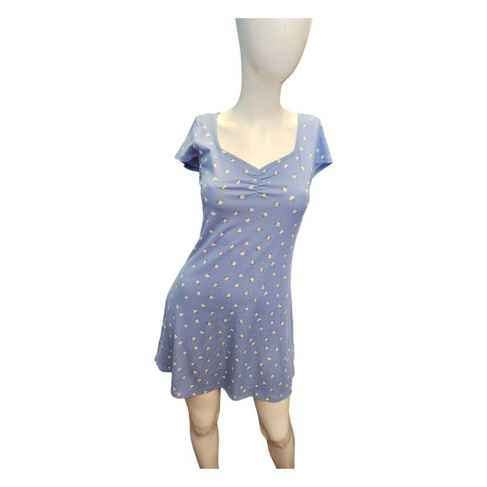 Blue Floral Short Sleeve A-Line Dress - Picture 2 of 5